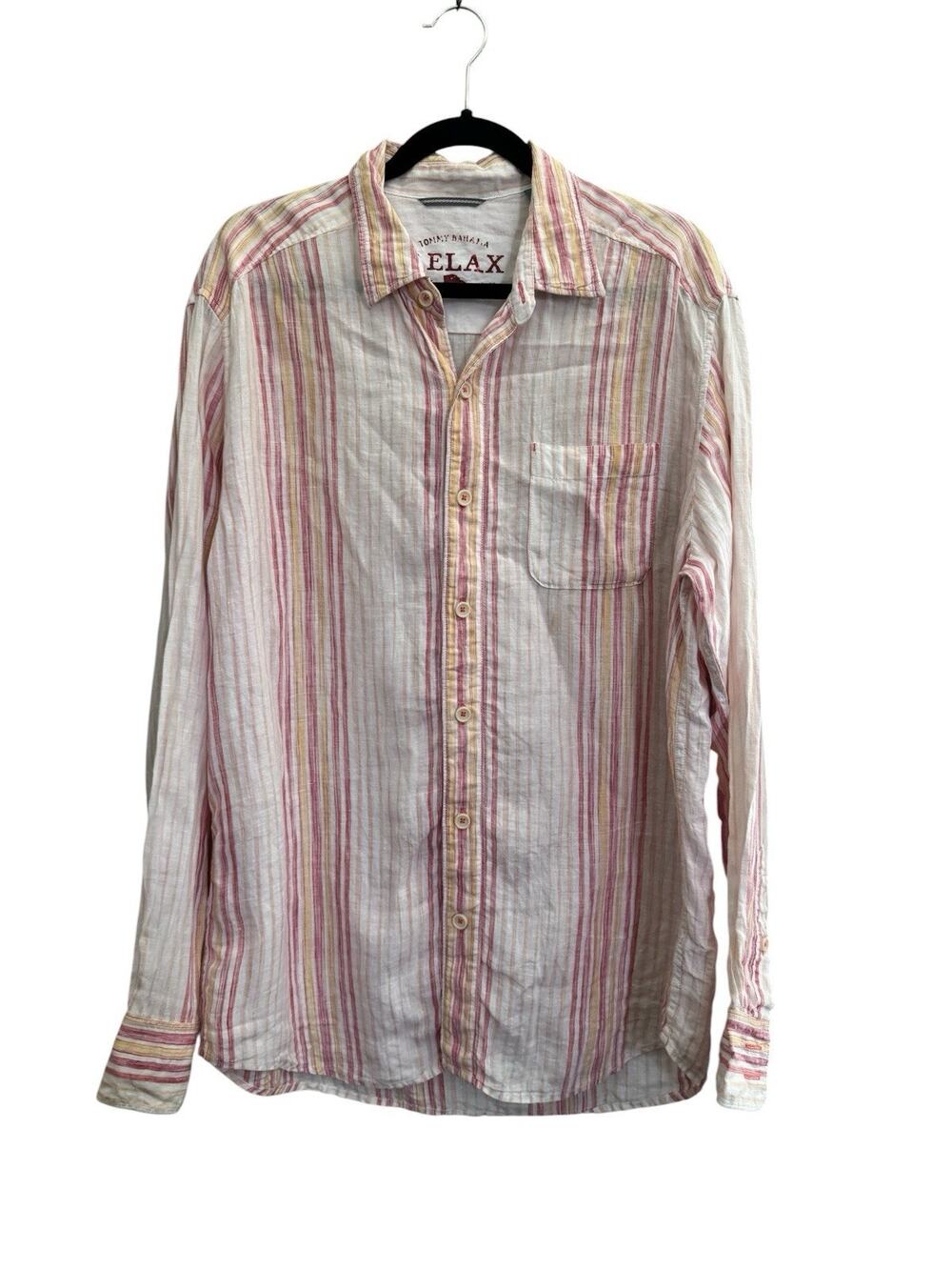 Tommy Bahama Relax Shirt Mens Medium Pink Yellow Stripe 100% Linen Button #6984
